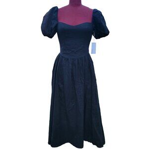 Reformation Davila Linen Dress Black Sweetheart Puff Sleeves Flare Skirt 4
